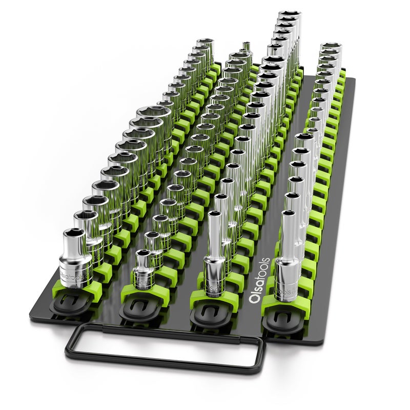 Olsa Tools صينية تنظيم sockets المحمولة من Olsa Tools | قضبان سوداء مع مشابك خضراء | تحمل 80 socket | حامل sockets بجودة احترافية - Image 1